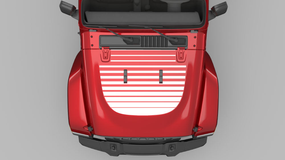 White horizon stripe hood decal on red Jeep Wrangler JL