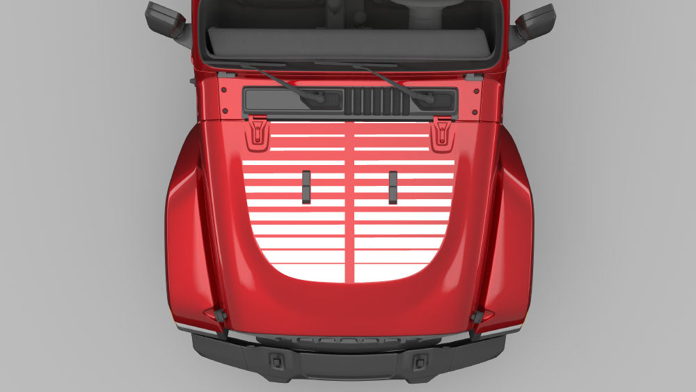 White split horizon stripe hood decal on red Jeep Wrangler JL hood