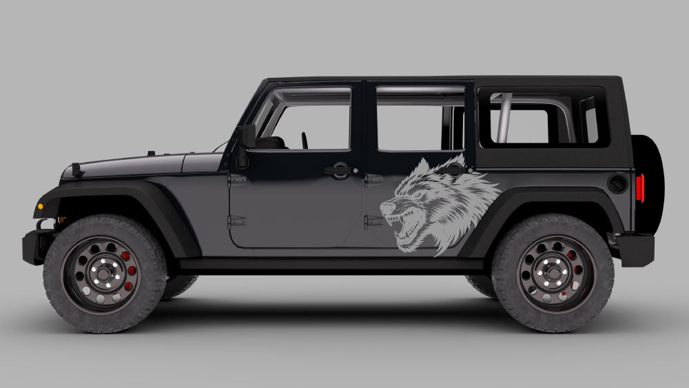 Jeep Wrangler JK 4-door with gray howling wolf head side door decal on rear door