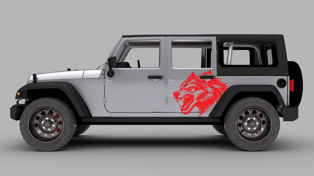 Jeep Wrangler JK 4-door with red howling wolf head side door decal on rear door