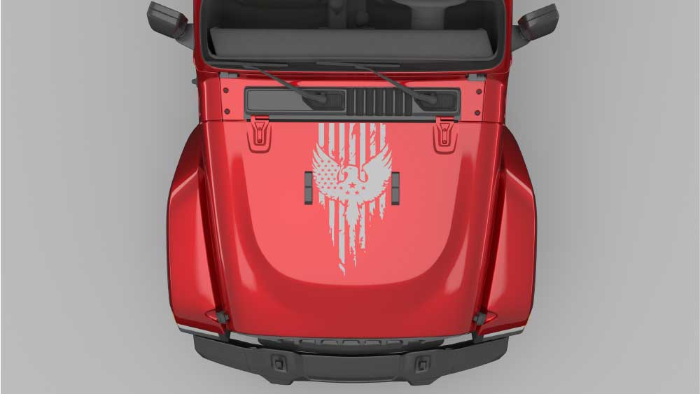 Iron Talon Patriot hood decal in gray installed on red Jeep Wrangler JL hood