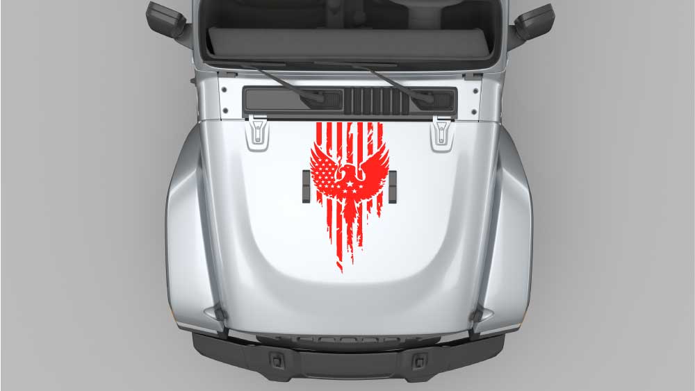 Iron Talon Patriot hood decal in red on silver Jeep Wrangler JL, patriotic eagle hood graphic