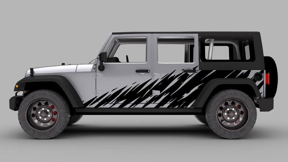 Silver Jeep Wrangler JK with black jagged slash rocker panel side decal kit.