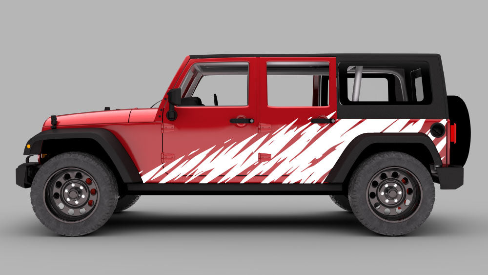 Red Jeep Wrangler JK with white jagged slash rocker panel side decal kit.