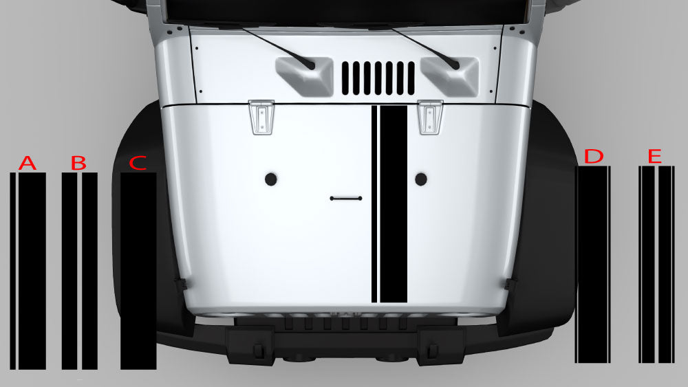 Jeep Wrangler JK hood center racing stripe decal kit options A B C D and E
