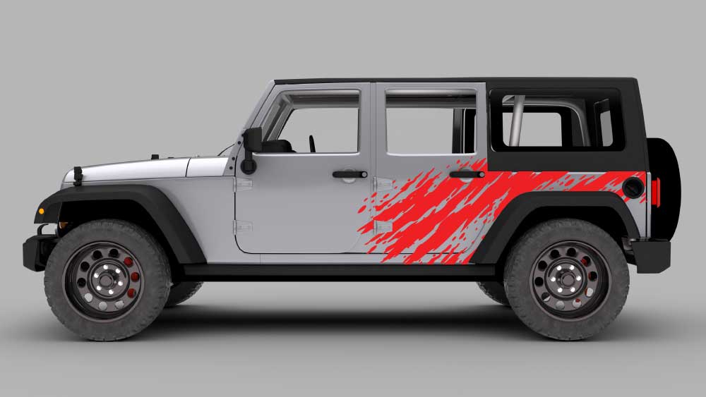 Silver Jeep Wrangler JK with red mud burst splash side decals on rear quarter panel