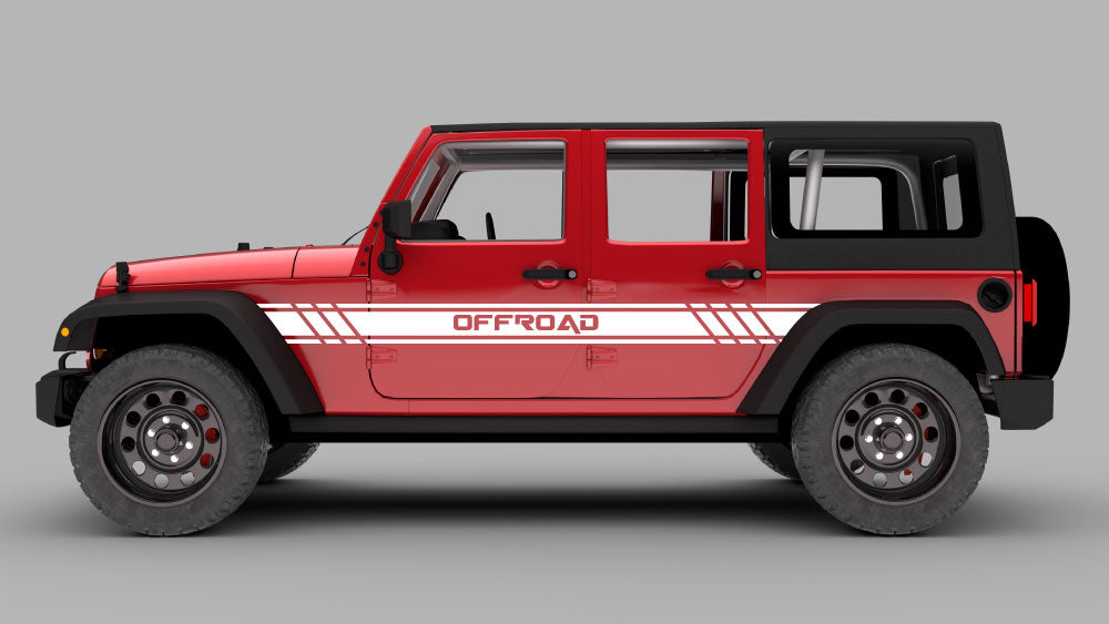 Jeep Wrangler JK Off-Road rally side stripe graphics in white on red Jeep