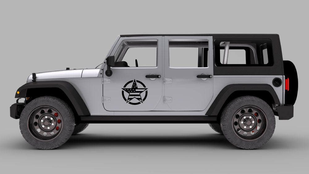 Jeep Wrangler JK Patriot star door decal graphic in black on silver Jeep