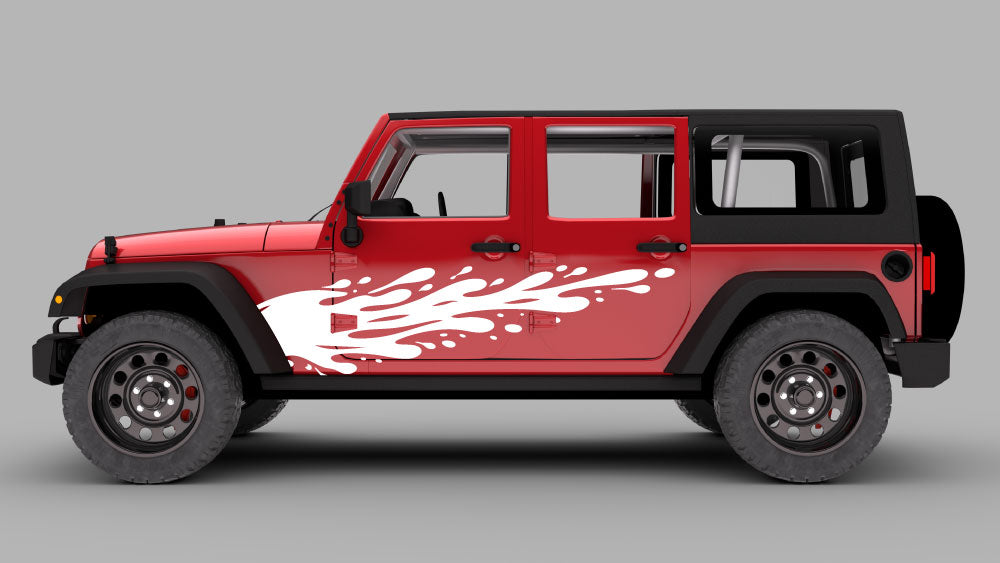 Jeep Wrangler JK with white drip splash side decal graphics on doors and fender