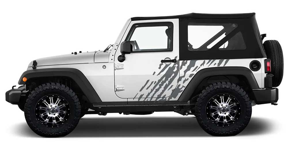 White Jeep Wrangler with gray mud splash side decals on rear quarter panel