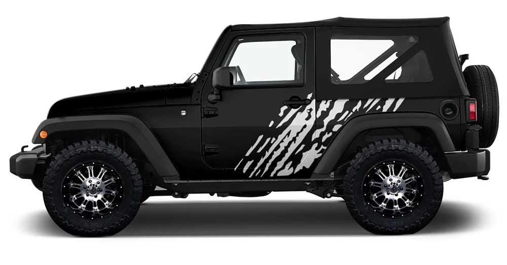 Black Jeep Wrangler with white mud splash side decals on rear quarter panel