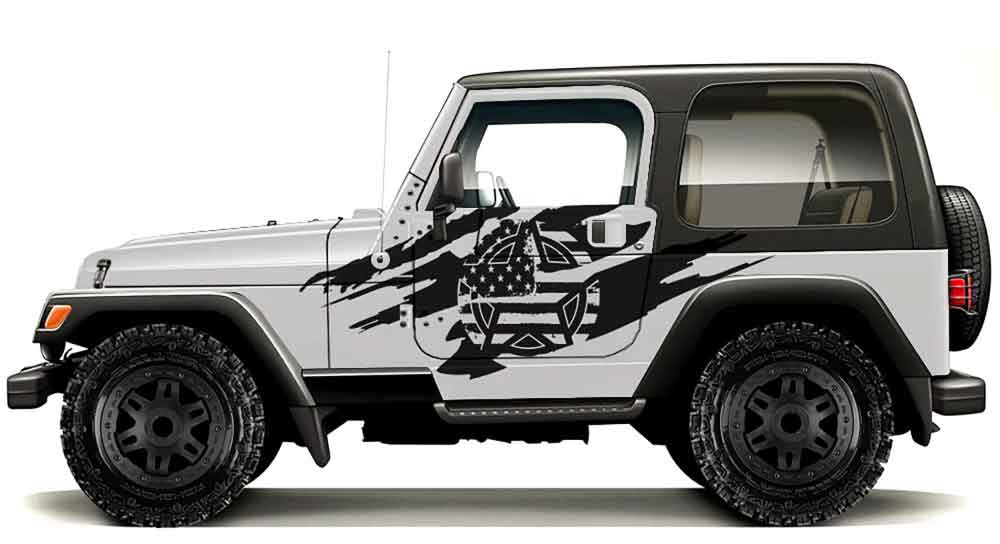 White Jeep Wrangler TJ with mud splash side decals in black camo pattern on doors and rear quarter panel