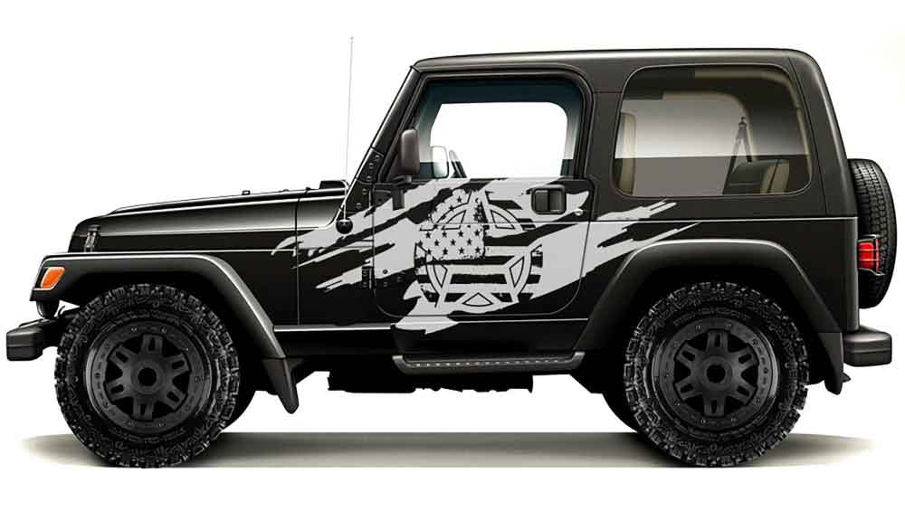 Black Jeep Wrangler TJ with mud splash side decals in white/gray camo pattern on doors and rear quarter panel