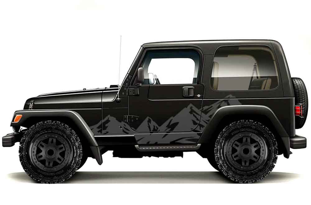 Black Jeep Wrangler TJ with gray mountain side decals (1997-2006)