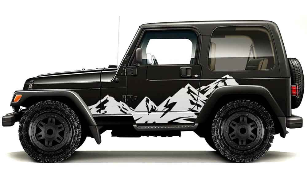 Black Jeep Wrangler TJ with white mountain side decals (1997-2006)