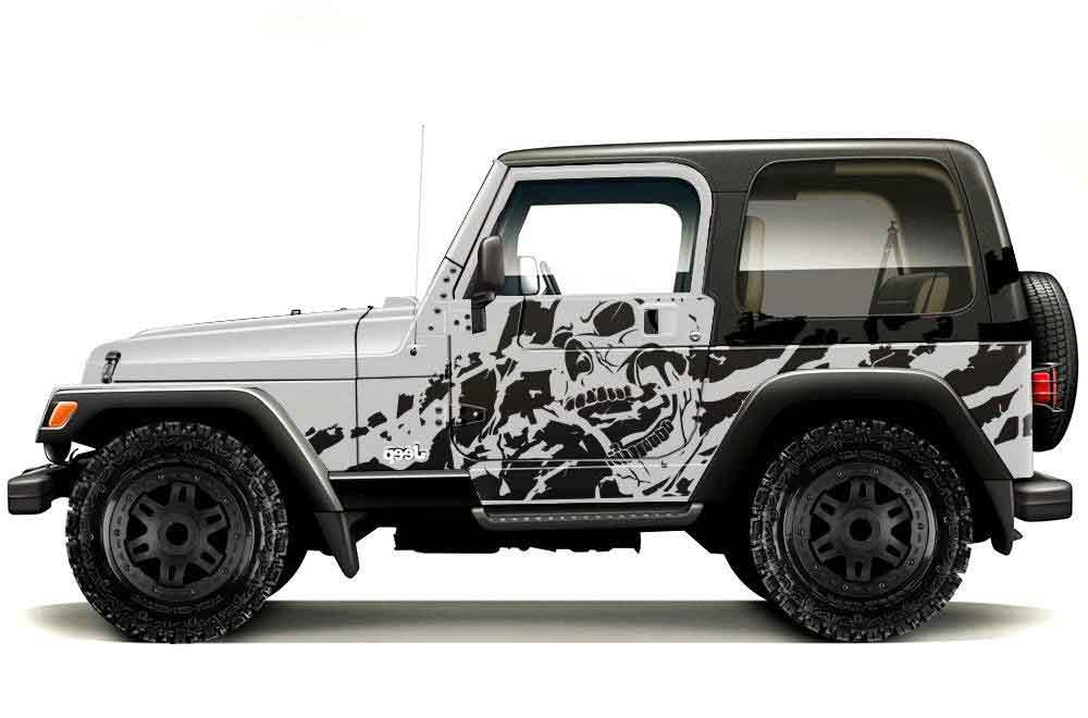 White Jeep Wrangler TJ with nightmare skull mud splash side decals in black and gray