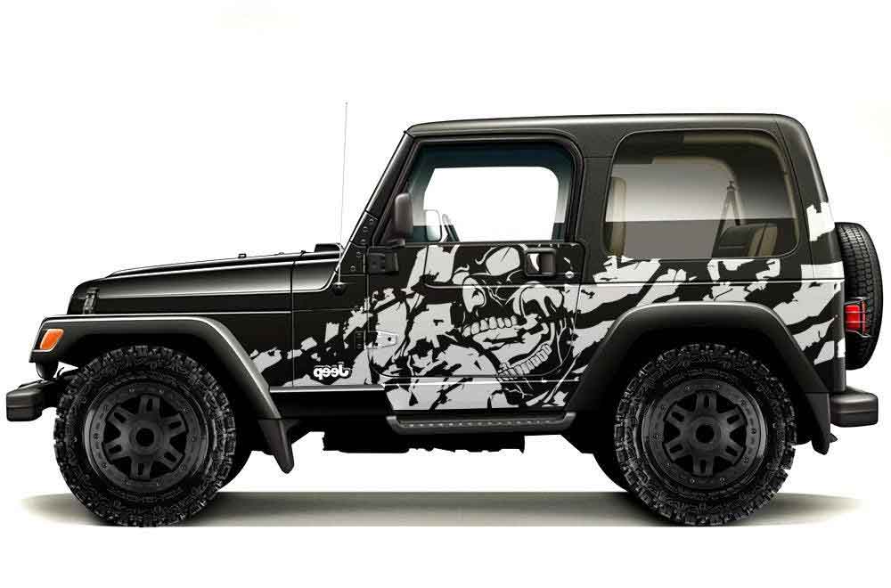 Black Jeep Wrangler TJ with nightmare skull mud splash side decals in gray and white