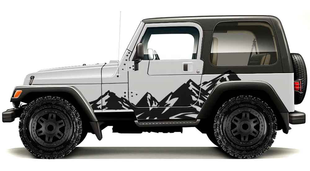 White Jeep Wrangler TJ with black mountain side decals (1997-2006)