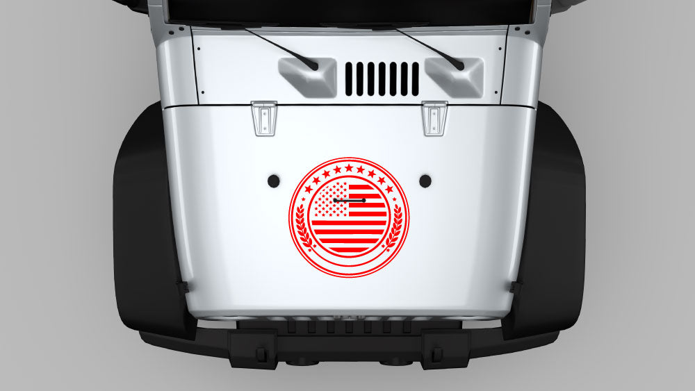 Red liberty crest American flag hood decal vinyl on Jeep Wrangler JK hood