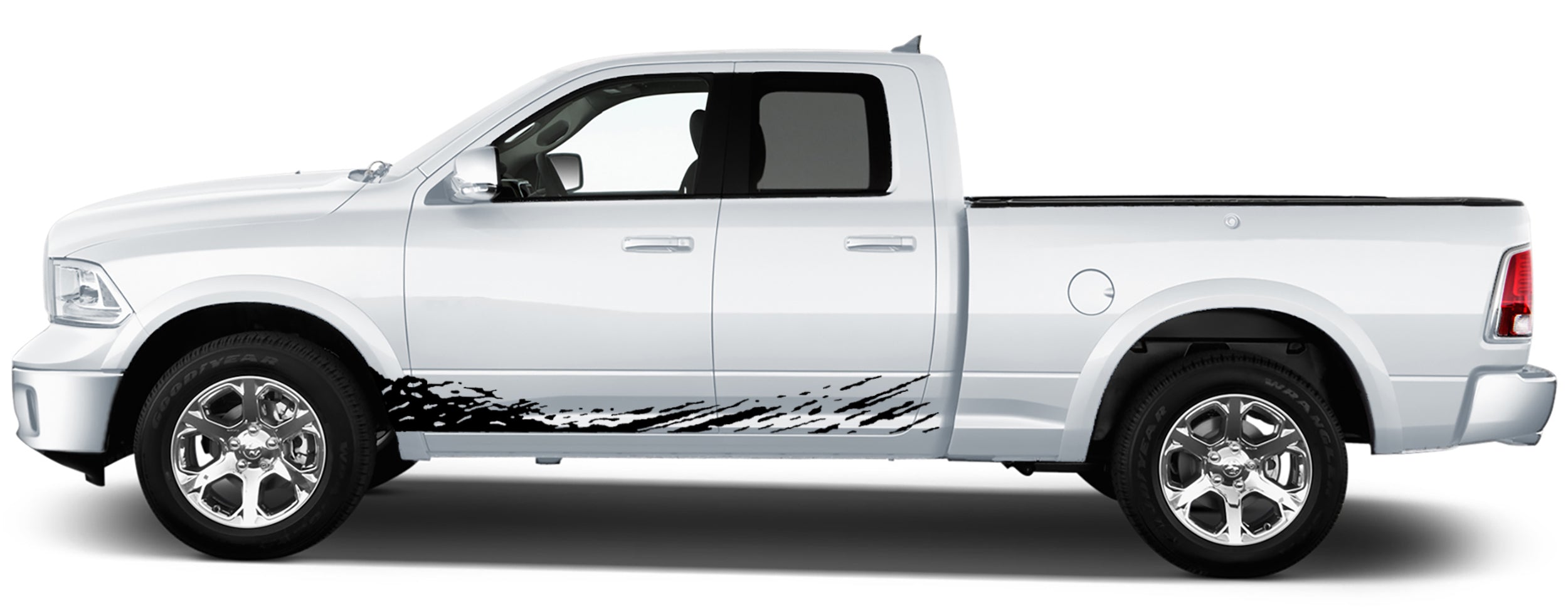 Aggressive lower mud splash rocker stripe vinyl decal installed on a 2009–2018 Dodge Ram 1500, featuring black irregular splash streaks and rugged lower side graphics.
