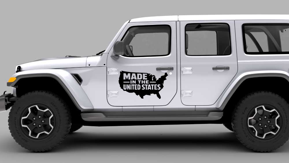 White Jeep Wrangler JL 4-door with “Made in the United States” USA map door decal in black
