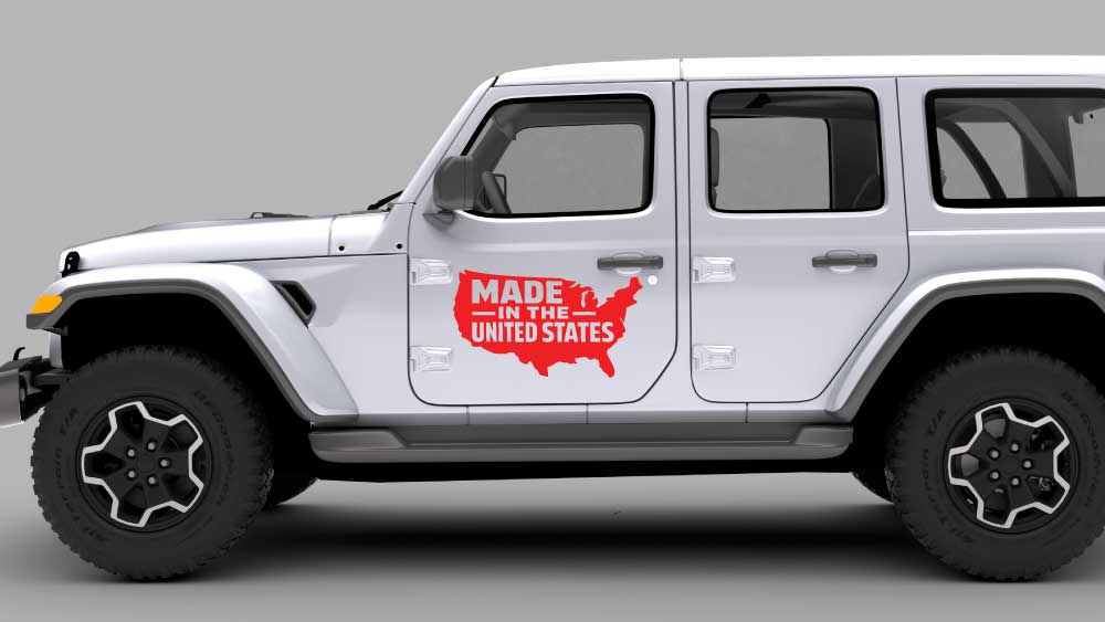 White Jeep Wrangler JL 4-door with “Made in the United States” USA map door decal in red
