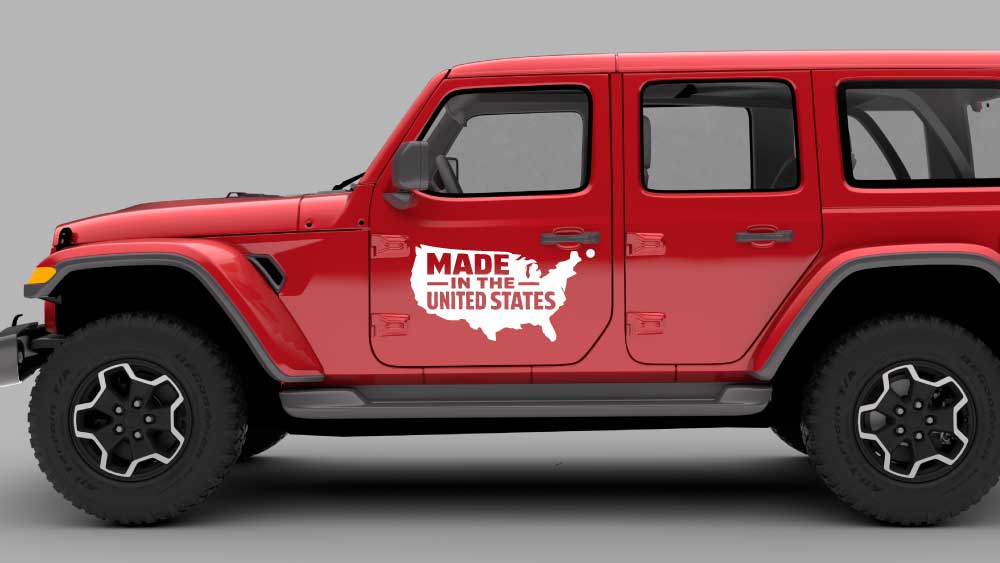 Red Jeep Wrangler JL 4-door with “Made in the United States” USA map door decal in white