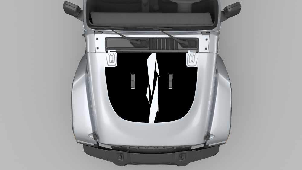 Midnight Split Strike hood decal in black installed on silver Jeep Wrangler JL hood