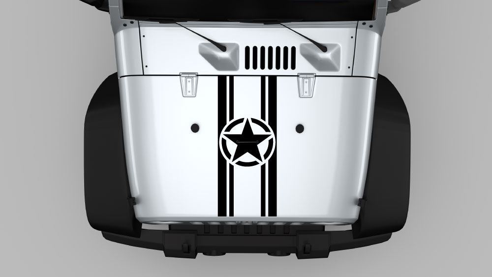 Military Star center stripe hood decal on Jeep Wrangler JK with bold black stripes and central star graphic