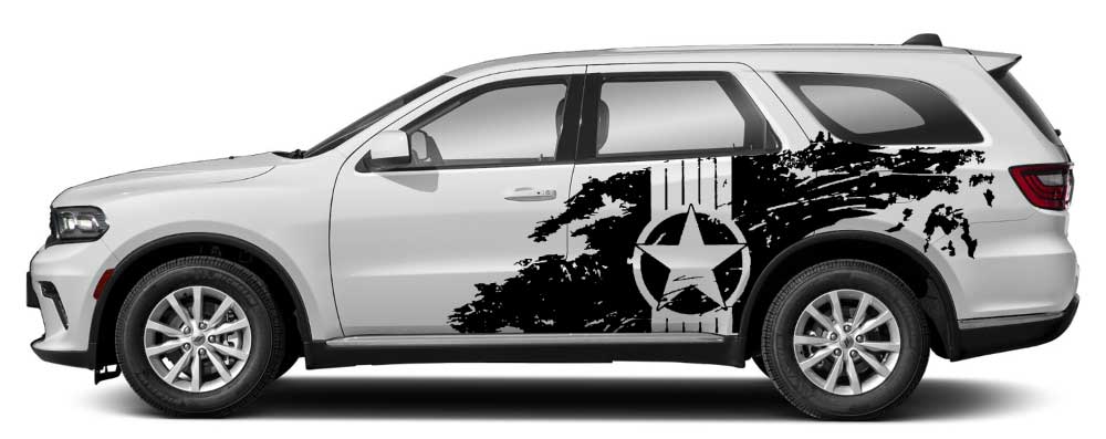White Dodge Durango with black military star splash side decals vinyl graphics kit (3rd Gen)