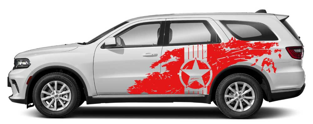 White Dodge Durango with red military star splash side decal vinyl graphics kit (3rd Gen)