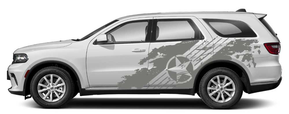 Dodge Durango 3rd gen white SUV with gray military star splash grunge side graphics on rear doors and rear quarter