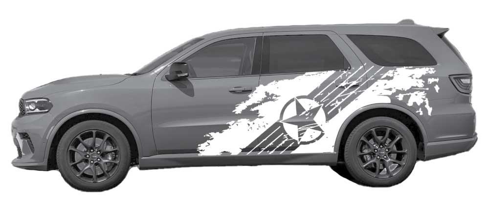 Dodge Durango 3rd gen gray SUV with white military star splash side decals on rear doors and quarter panel