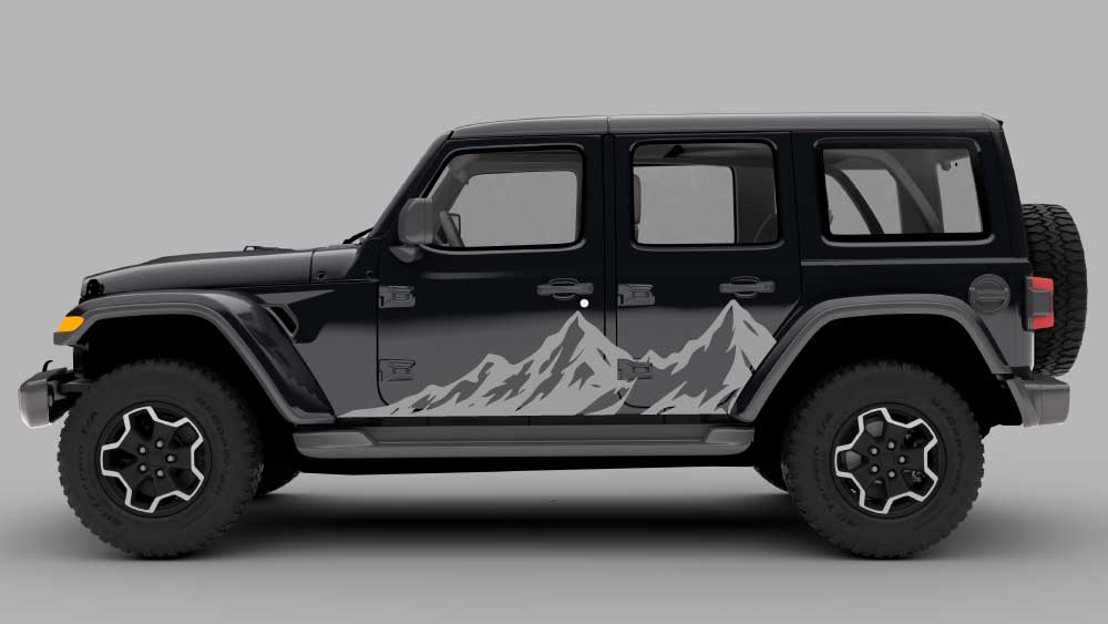 Gray mountain peak rocker side decal on a black Jeep Wrangler JL/JLU