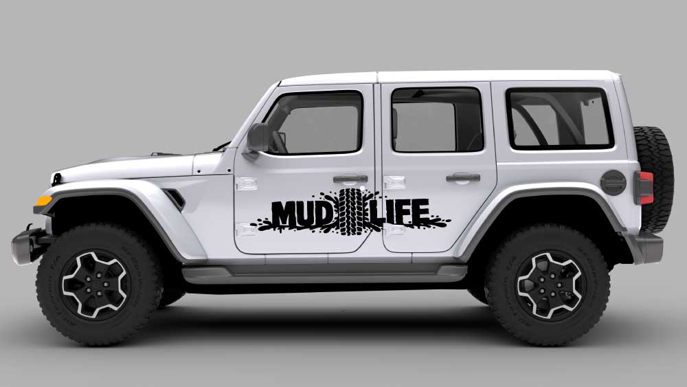 White Jeep Wrangler JL side view with black “MUD LIFE” tire track door decal graphic