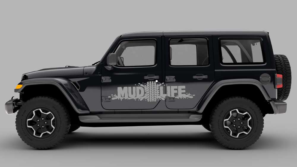 Black Jeep Wrangler JL side view with gray “MUD LIFE” tire track door decal graphic