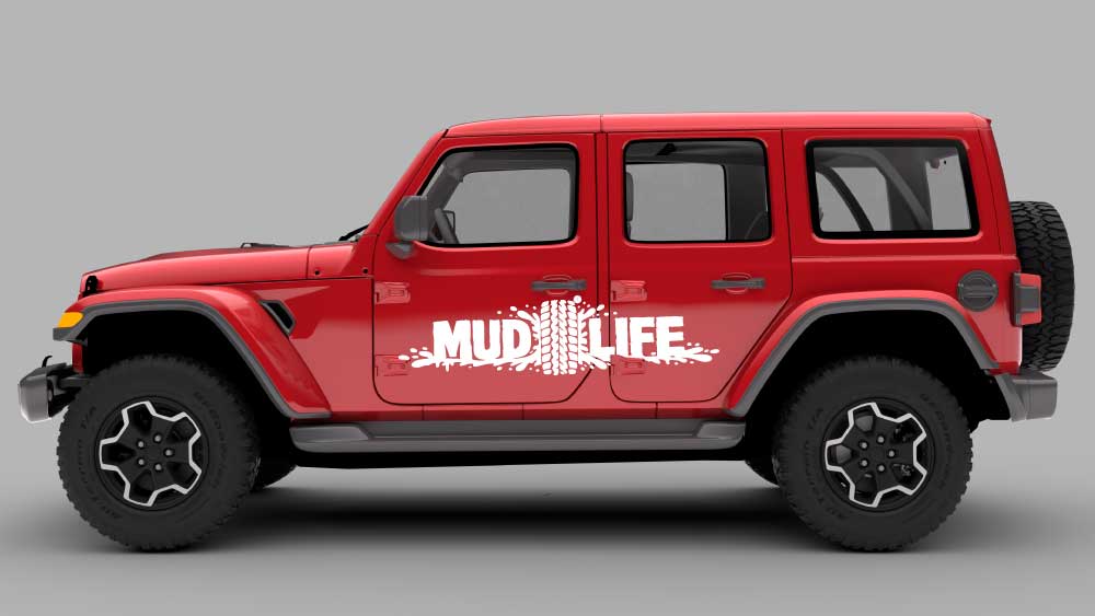 Red Jeep Wrangler JL side view with white “MUD LIFE” tire track door decal graphic