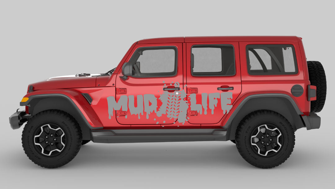 Gray Mud Life Trail Edition Decals on Red Jeep Wrangler JL