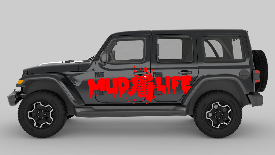 Red Mud Life Trail Edition Decals on Black Jeep Wrangler JL