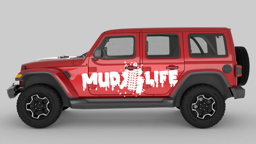 White Mud Life Trail Edition Decals on Red Jeep Wrangler JL