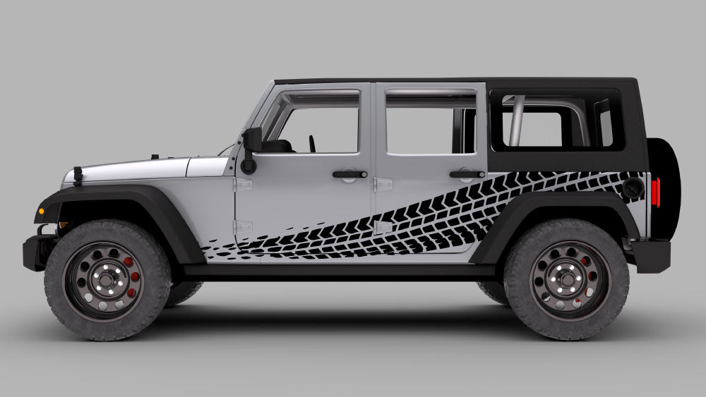 Jeep Wrangler JK 4-door with black mud tire track rocker side stripe decals graphic kit