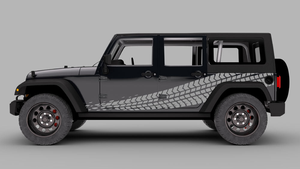 Jeep Wrangler JK 4-door with gray mud tire track rocker side stripe decals graphic kit