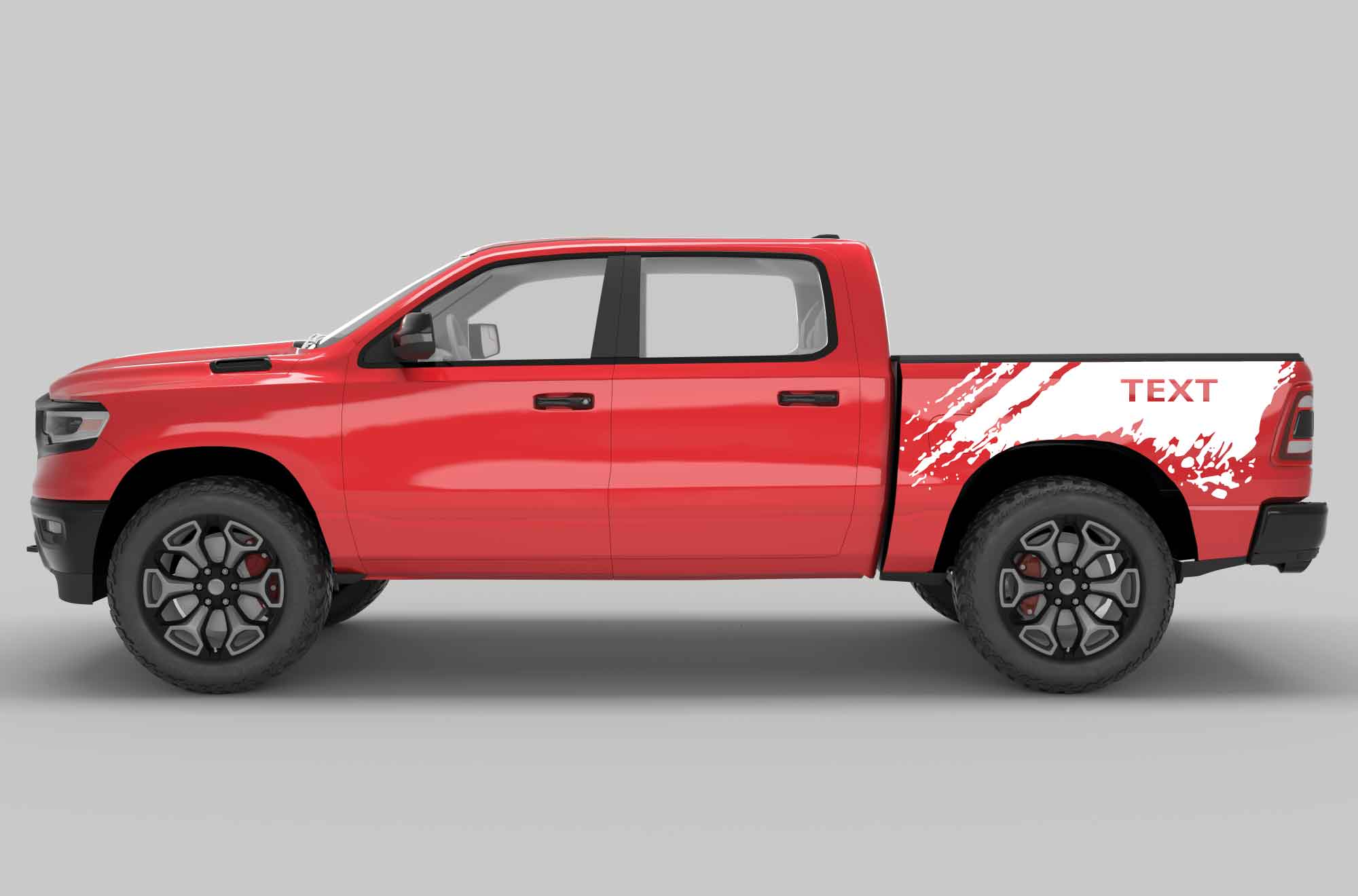 Side view of a red dodge ram pickup truck with custom text decals on the side bed in white color