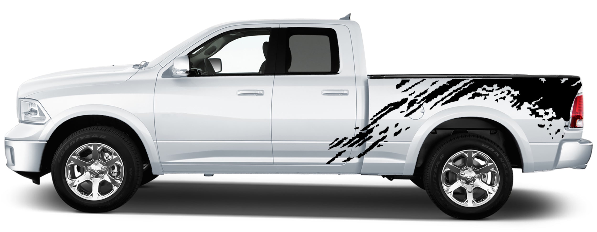 Aggressive mud splash vinyl decals applied on the bed side of a 2009–2018 Dodge Ram 1500, featuring distressed off-road grunge graphics and dynamic splatter motion.