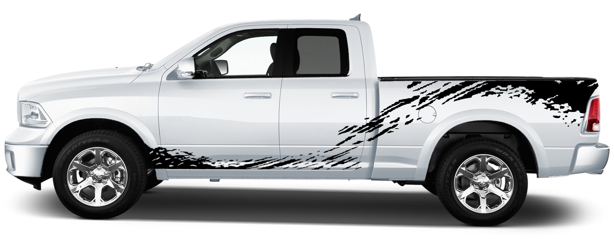 Dodge Ram 1500 2009–2018 bed-side mud splash vinyl decals featuring rugged black splatter streaks and angled claw-style graphics applied to the rear quarter panels.