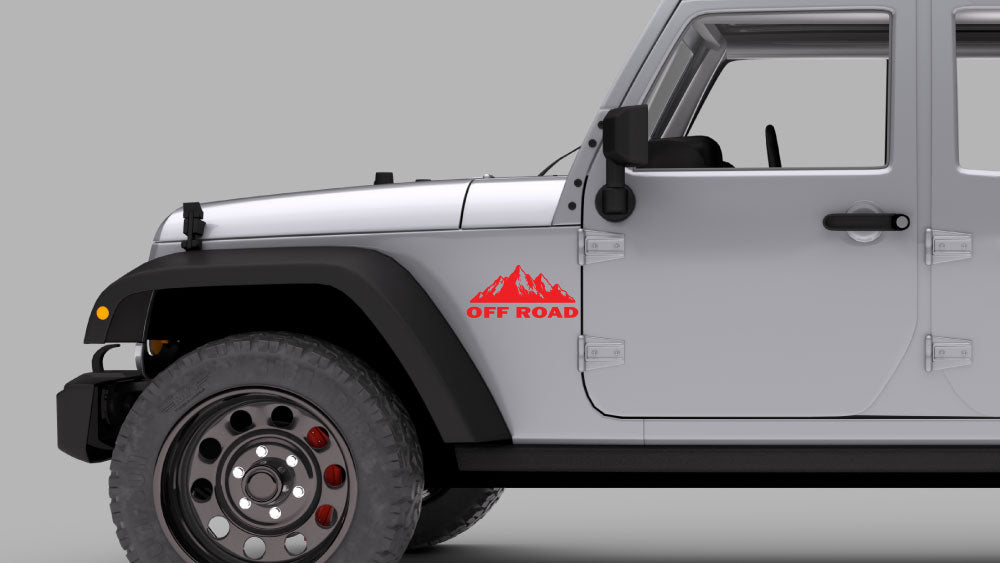 Jeep Wrangler JK Off Road Mountain Fender Decal (red) on silver Jeep