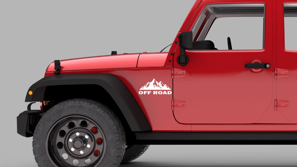 Jeep Wrangler JK Off Road Mountain Fender Decal (white) on red Jeep