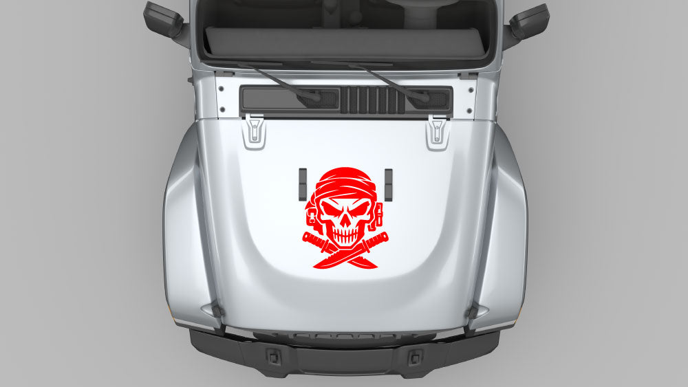 Red outlaw skull hood decal vinyl graphic on Jeep Wrangler JL