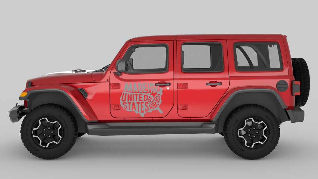 Gray Proudly Made in America Map Graphic Decals on Red Jeep Wrangler JL