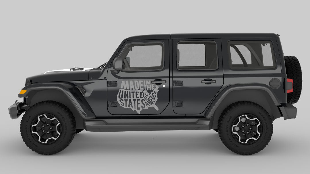 Gray Proudly Made in America Map Graphic Decals on Black Jeep Wrangler JL